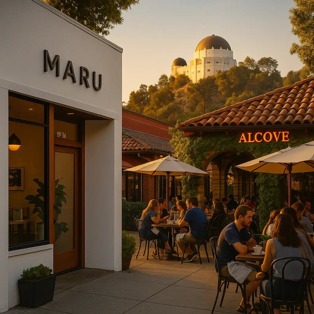 Maru Coffee storefront with Griffith Observatory in the distance