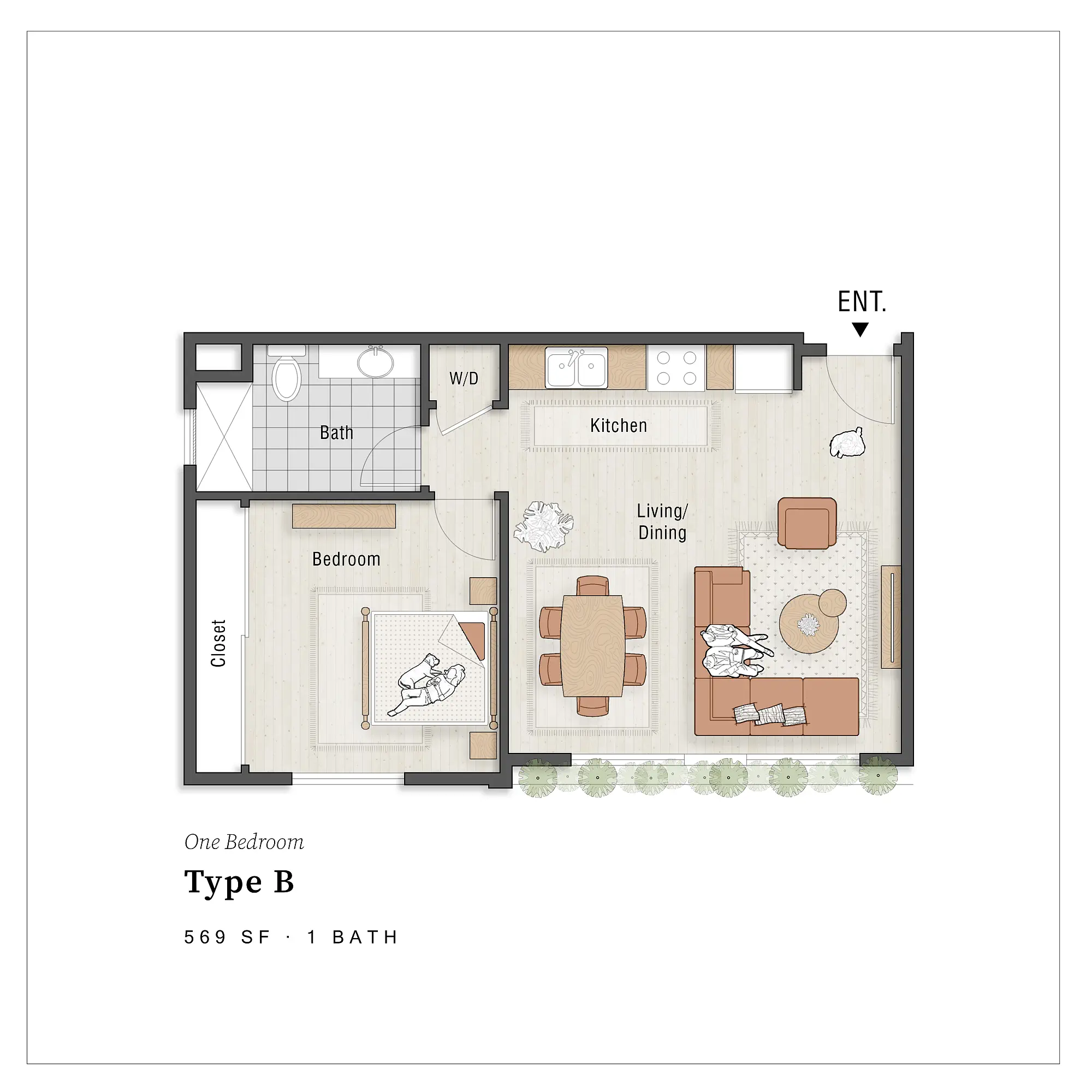 One Bedroom Type B — 569 SF