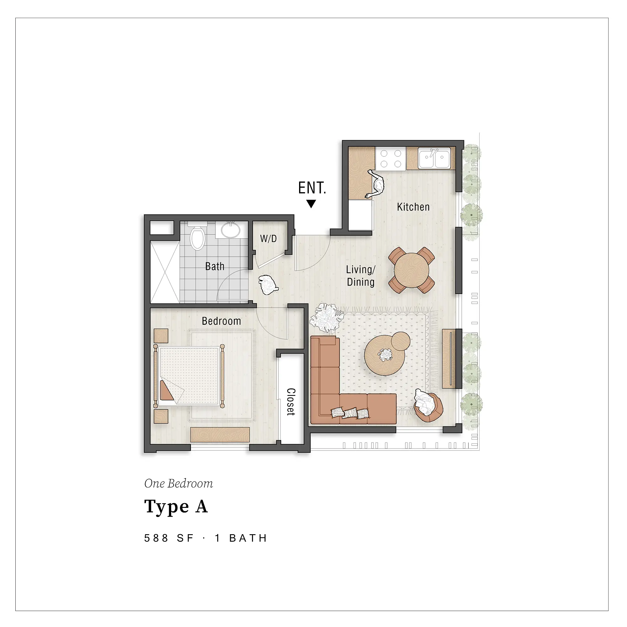 One Bedroom Type A — 558 SF
